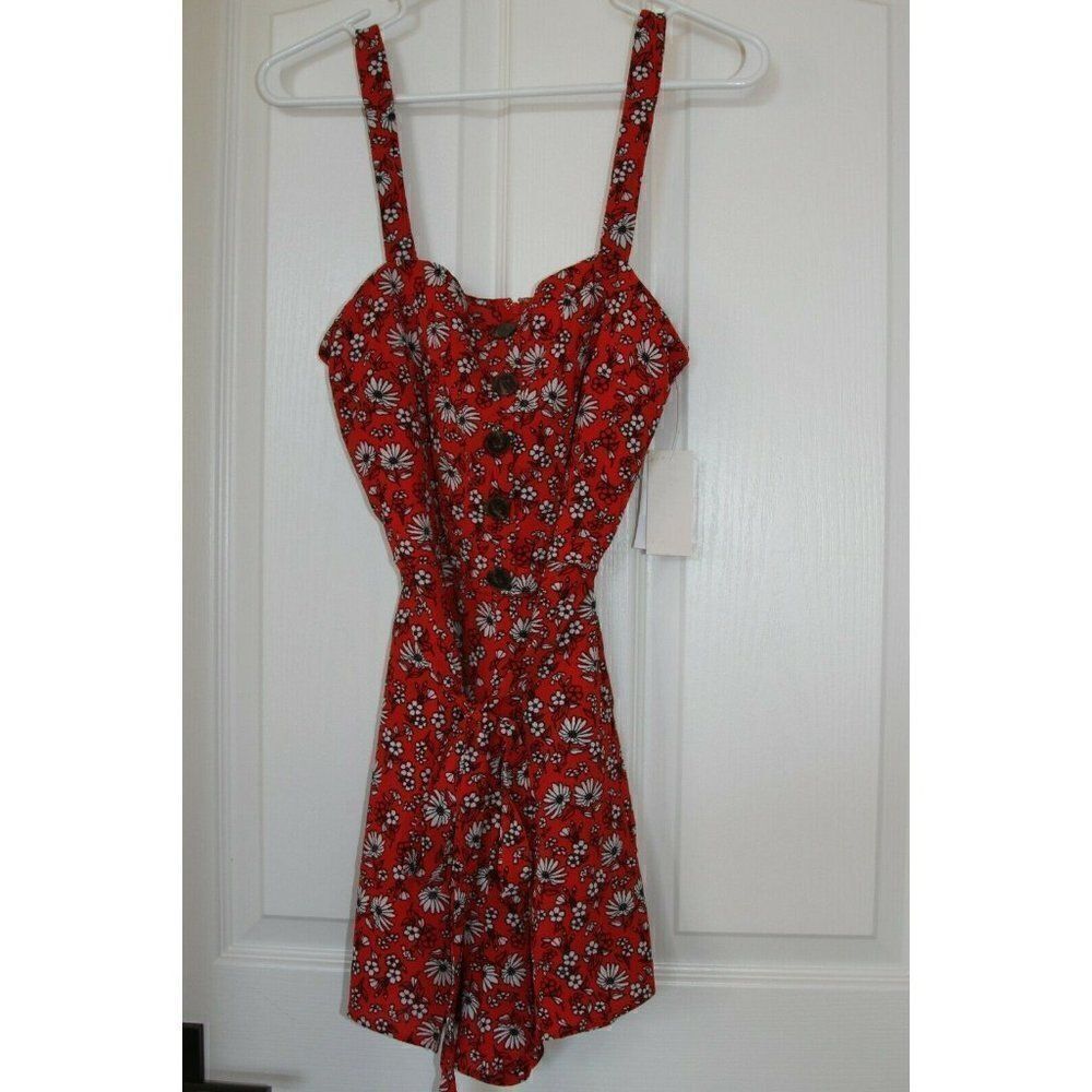 Rowa Romper Shorts Floral Red Tie Belt Summer Vacation Stretch Juniors XL NEW